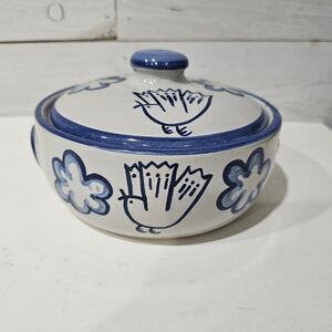 Rare Louisville Stoneware Coo Coo Blue White 7" Casserole Vintage Bird Flower
